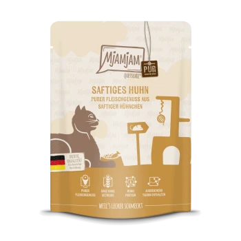 Mjamjam Haustierfutterbeutel mit "Saftiges Huhn" (saftiges Huhn) und einer verspielten Katzenillustration, die reinen Fleischgenuss und Qualität hervorhebt.