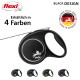 Schwarze Flexi-Hundeleine mit einem einziehbaren Kabel, erhältlich in vier Farben, mit dem Text "Erhältlich in 4 Farben" und "BLACK DESIGN."