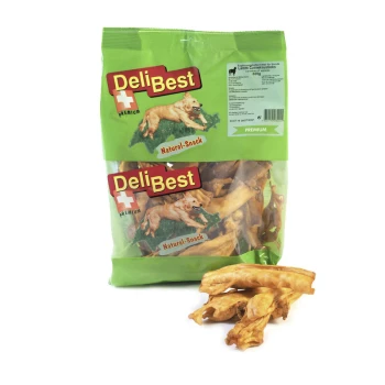 Eine grüne Tüte DeliBest Premium natürliche Hundesnacks mit Lammknorpel-Sticks, mit einem Grafik eines Golden Retrievers und sichtbaren Snacks.