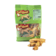 Un sac vert de friandises naturelles pour chiens DeliBest premium mettant en avant des bâtonnets de cartilage d'agneau, avec un graphique de golden retriever et des friandises visibles.