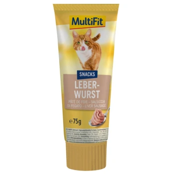 Tube mit MultiFit Leberwurst Snack für Katzen, mit einer Katze auf der Vorderseite, mit Text in Deutsch und anderen Sprachen.