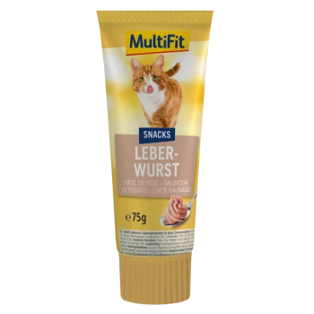 Tube mit MultiFit Leberwurst Snack für Katzen, mit einer Katze auf der Vorderseite, mit Text in Deutsch und anderen Sprachen.