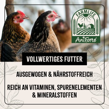 Drei Hühner mit einem grünen "FARMLIFE AniForte" Logo. Text: "Vollfutter, ausgewogen & nährstoffreich, reich an Vitaminen & Mineralstoffen."
