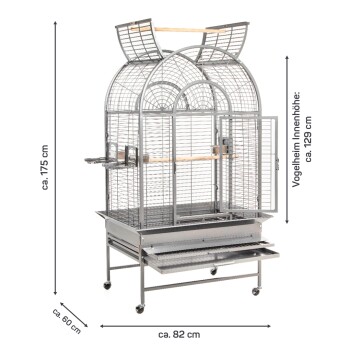 Großer Metallvogelkäfig mit Abmessungen von 175 cm Höhe, 82 cm Breite und 60 cm Tiefe, ausgestattet mit einer herausnehmbaren Schublade und Holzstangen.