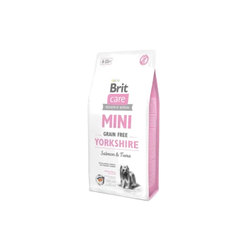 Worek karmy dla psów Brit Care Mini Grain Free dla ras Yorkshire, z łososiem i tuńczykiem, w różowo-białym wzorze.