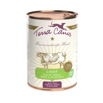 Dose Terra Canis Hundefutter, beschriftet mit 'Light', mit Rindfleisch, Kürbis, Mango und Artischocke; enthält weniger als 3% Fett.