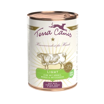 Dose Terra Canis Hundefutter, beschriftet mit 'Light', mit Rindfleisch, Kürbis, Mango und Artischocke; enthält weniger als 3% Fett.
