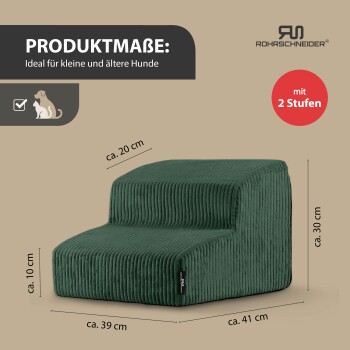 Grüne Cord-Haustierstufen mit zwei Stufen für kleine/ältere Hunde mit Maßen; sichtbarer Text „PRODUKTMAßE“ und „mit 2 Stufen“