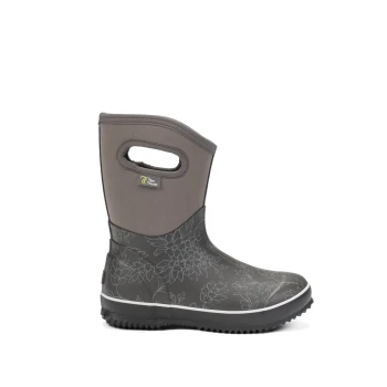 Graue Gummistiefel mit floralem Muster, mit einem weichen Obermaterial und einer weißen Sohle, mit einem Griff für einfaches Anziehen.