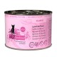Rosa Dosenkatzenfutter mit der Aufschrift 'Catz Finefood Classic' mit Lamm- und Pferdefleischgeschmack, mit einer Katzensilhouette und mehrsprachigem Text.