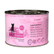 Rosa Dosenkatzenfutter mit der Aufschrift 'Catz Finefood Classic' mit Lamm- und Pferdefleischgeschmack, mit einer Katzensilhouette und mehrsprachigem Text.