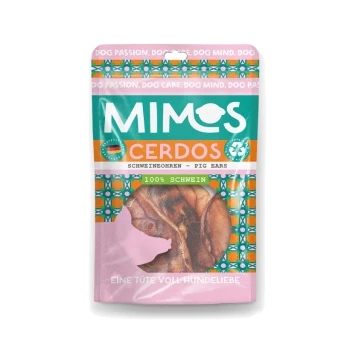Verpackung für Mimos Cerdos Schweineohren-Hundeleckerlis, mit lebhaften Farben und Text: "100% Schwein" und "Eine Tüte voll Hundeliebe."