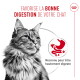 Chat à poils longs avec une icône d'estomac rouge et le titre en français « FAVORISE LA BONNE DIGESTION DE VOTRE CHAT » ainsi qu'une affirmation sur la digestibilité.