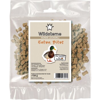 Klarsichtbeutel Wildsterne Hunde-Leckerli Enten Bites, Etikett mit Stockentenabbild und Barcode.