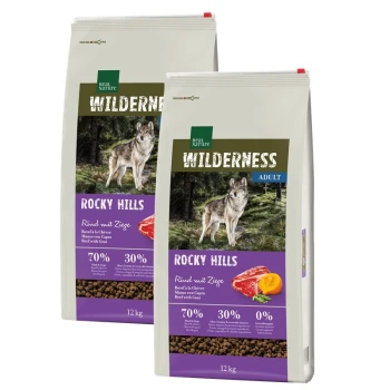 Zwei 12 kg Säcke Real Nature Wilderness Hundefutter, "Rocky Hills," mit einem Wolf auf der Vorderseite, 70% Fleisch und 30% andere Zutaten.