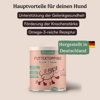 Vegane Hundefutter-Topping in einem 250g Behälter, fördert die Gelenkgesundheit, Knochensicherheit und ist reich an Omega-3, hergestellt in Deutschland.