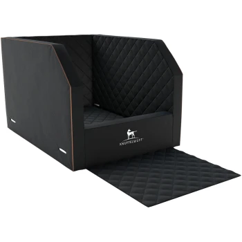 Schwarzes Hundebett mit gestepptem Design und einer abnehmbaren Matte, mit dem Logo "KNUFFELWUFF" auf der Vorderseite.