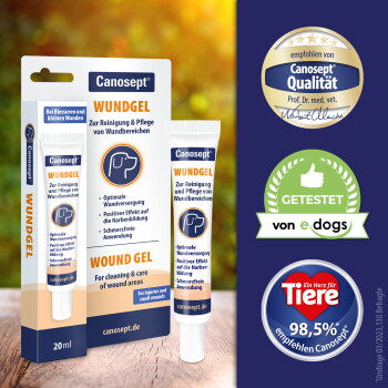 Canosept Wundgel Tube und Verpackung (Wundgel für Hunde), beschriftet mit 'WOUND GEL' und Auszeichnungen 'Getestet von e dogs' und '98,5% Tiere'.