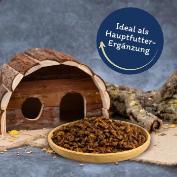 Holz-Tierhaus mit einer Schüssel brauner Tierfutterpellets und einem Etikett mit der Aufschrift „Ideal als Hauptfutter-Ergänzung.“
