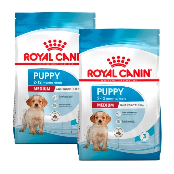 Royal Canin Welpenfutterbeutel für mittelgroße Rassen, geeignet für Welpen im Alter von 2-12 Monaten, mit einem Erwachsenengewicht von 11-25 kg.