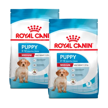 Royal Canin Welpenfutterbeutel für mittelgroße Rassen, geeignet für Welpen im Alter von 2-12 Monaten, mit einem Erwachsenengewicht von 11-25 kg.