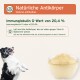 Hund und Schale mit Pulver mit dem Text 'Natürliche Antikörper' und 'Immunoglobulin‑G‑Wert von 20,4%'.