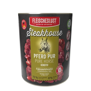 Dose FLEISCHESLUST Steakhouse Tierfutter mit Aufschrift 'Pferd Pur / Pure Horse Sensitiv' und Pferdeskizze, 72% Fleisch, 0% Getreide
