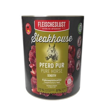 Dose FLEISCHESLUST Steakhouse Tierfutter mit Aufschrift 'Pferd Pur / Pure Horse Sensitiv' und Pferdeskizze, 72% Fleisch, 0% Getreide