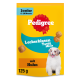 Gelbe Pedigree Junior Leckerli-Tüte mit der Aufschrift 'Leckerbissen Tasty Minis, mit Huhn, 125 g' mit Welpen und Kroketten.