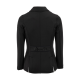 Rückansicht einer stilvollen schwarzen Jacke mit tailliertem Design, mit einem dekorativen Gürtel mit Kettendetail in der Taille.