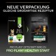 Zwei Hundefutterpackungen: "PRO PLAN® OPTISTART" für Welpen und "PRO PLAN® HEALTHY START," mit Text über neue Verpackung.