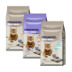Drei 2 kg Beutel "Premiere Meat Menu" Katzenfutter, mit einer getigerten Katze. Varianten: "Erwachsene", "Sterilisierte Erwachsene" und "Erwachsene mit Lachs."