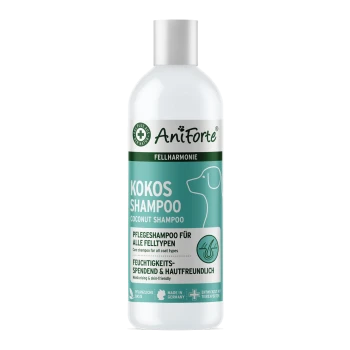Kokosnuss-Shampoo-Flasche mit der Aufschrift 'AniForte' und einer Hundesilhouette, die angibt, dass es ein Pflege-Shampoo für alle Felltypen ist, feuchtigkeitsspendend und hautfreundlich.