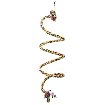 Buntes spiralförmiges Haustierspielzeug aus geflochtenem Seil mit Quasten und einer Glocke am Ende, entworfen für interaktives Spielen.