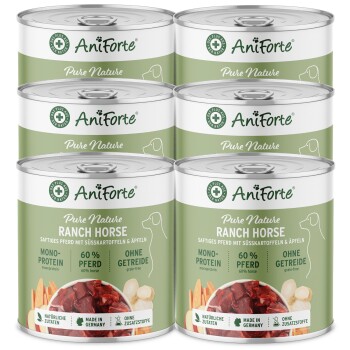 Sechs Dosen AniForte Pure Nature Ranch Horse Hundefutter, mit 60% Pferdefleisch, Süßkartoffeln, Äpfeln, getreidefrei, hergestellt in Deutschland.
