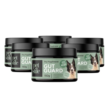 Sechs Gläser des Hundesupplements 'Petstile Gut Guard', jeweils 150 g, gekennzeichnet als 100% natürlich mit einem Bild eines Border Collies, das die Verdauungsgesundheit fördert.