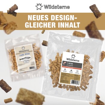 Wildsterne Klarsichtbeutel mit Lachs-Leckerlis beschriftet 'BITES Lachs' und Bannertext 'NEUES DESIGN - GLEICHER INHALT'.