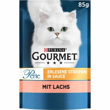 Purina Gourmet Katzenfutterbeutel mit einer weißen Katze auf blauem Hintergrund, beschriftet mit "Perle Erlesene Streifen in Sauce mit Lachs," 85g.