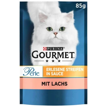 Purina Gourmet Katzenfutterbeutel mit einer weißen Katze auf blauem Hintergrund, beschriftet mit "Perle Erlesene Streifen in Sauce mit Lachs," 85g.