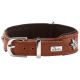 Braunes Lederhundehalsband mit silberner Schnalle, Blumen-Nieten und Metallmarkenanhänger mit der Aufschrift 'HUNTER'.