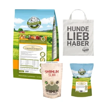 Sparset mit Forstbach-Schmaus Trockenfutter für übergewichtige, große Hunde Eine Tüte Bellfor Hundefutter, beschriftet mit "Forstbach-Schmaus," ein "Shiimun Slim" Ergänzungspaket und eine Tragetasche mit der Aufschrift "HUNDE LIEB HABER."