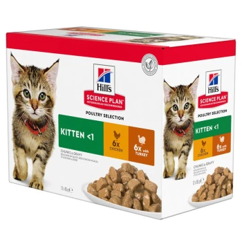 Science Plan Kitten Multipack Truthahn und Huhn 12x85 g Hill's Science Plan Poultry Selection für Kätzchen unter 1 Jahr, mit 6 Hühner- und 6 Putenbeuteln, mit Stückchen in Soße.