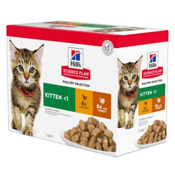 Hill's Science Plan Poultry Selection für Kätzchen unter 1 Jahr, mit 6 Hühner- und 6 Putenbeuteln, mit Stückchen in Soße.