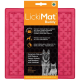 LickiMat Buddy Haustierfütterungsmatte in leuchtendem Pink, mit Text, der ihre Verwendung für rohes Fleisch, Leckereien und als langsame Fütterung für Hunde hervorhebt.