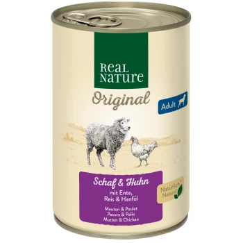 Canned pet food labeled "Real Nature Original" for adults, featuring mutton and chicken with rice and hemp oil.