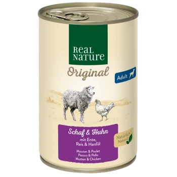 Dose mit Haustierfutter mit der Aufschrift 'Real Nature Original' für Erwachsene, mit Lamm und Huhn, Reis und Hanföl.