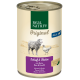 Nourriture pour animaux en conserve étiquetée "Real Nature Original" pour adultes, contenant de l'agneau et du poulet avec du riz et de l'huile de chanvre.