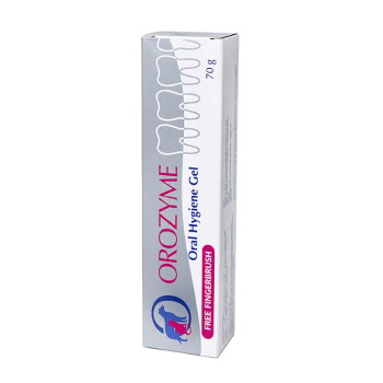 Box of Orozyme Oral Hygiene Gel 70 g for pets, white packaging with dog logo and "Free Fingerbrush" text.
