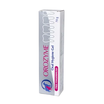 Box of Orozyme Oral Hygiene Gel 70 g for pets, white packaging with dog logo and "Free Fingerbrush" text.