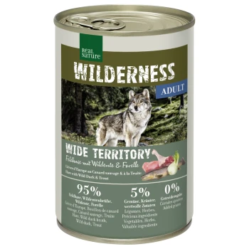WILDERNESS Adult Wide Territory, Feldhase mit Wildente und Forelle 6x400 g Eine Dose Real Nature Wilderness Haustierfutter für Erwachsene, mit einem Wolf und dem Hinweis "Weites Territorium" mit 95% Fleisch und 5% Gemüse.